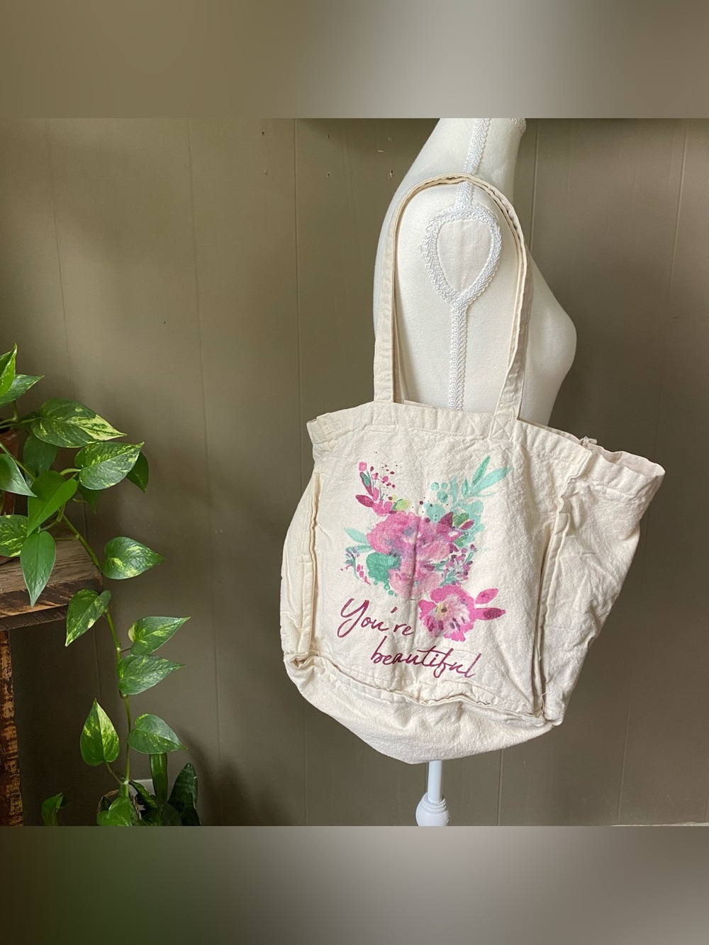 Canvas Floral Tote Bag - You're Beautiful